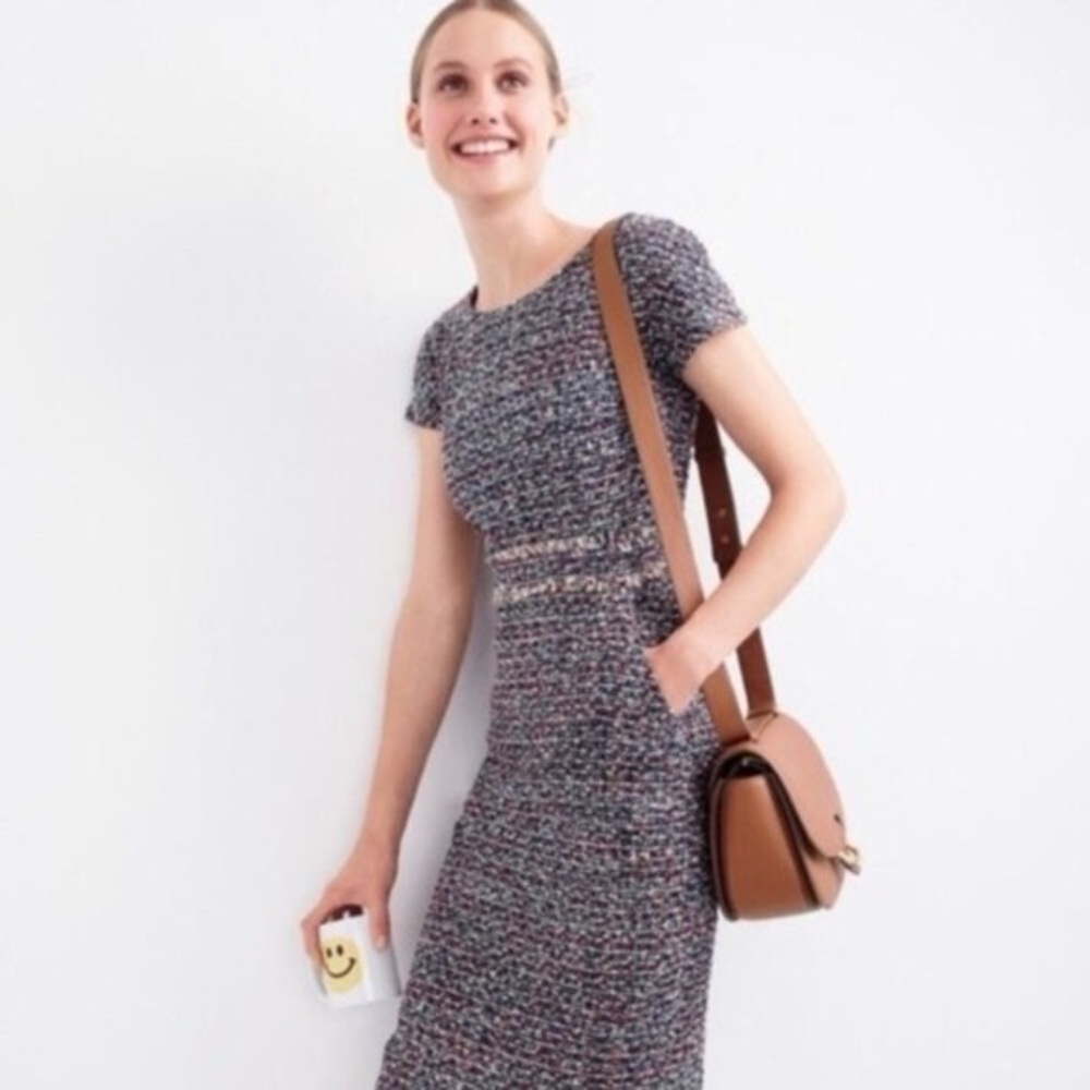 NWT J. Crew Black/Cream/Red Metallic Tweed Sheath Dress Size 4/6